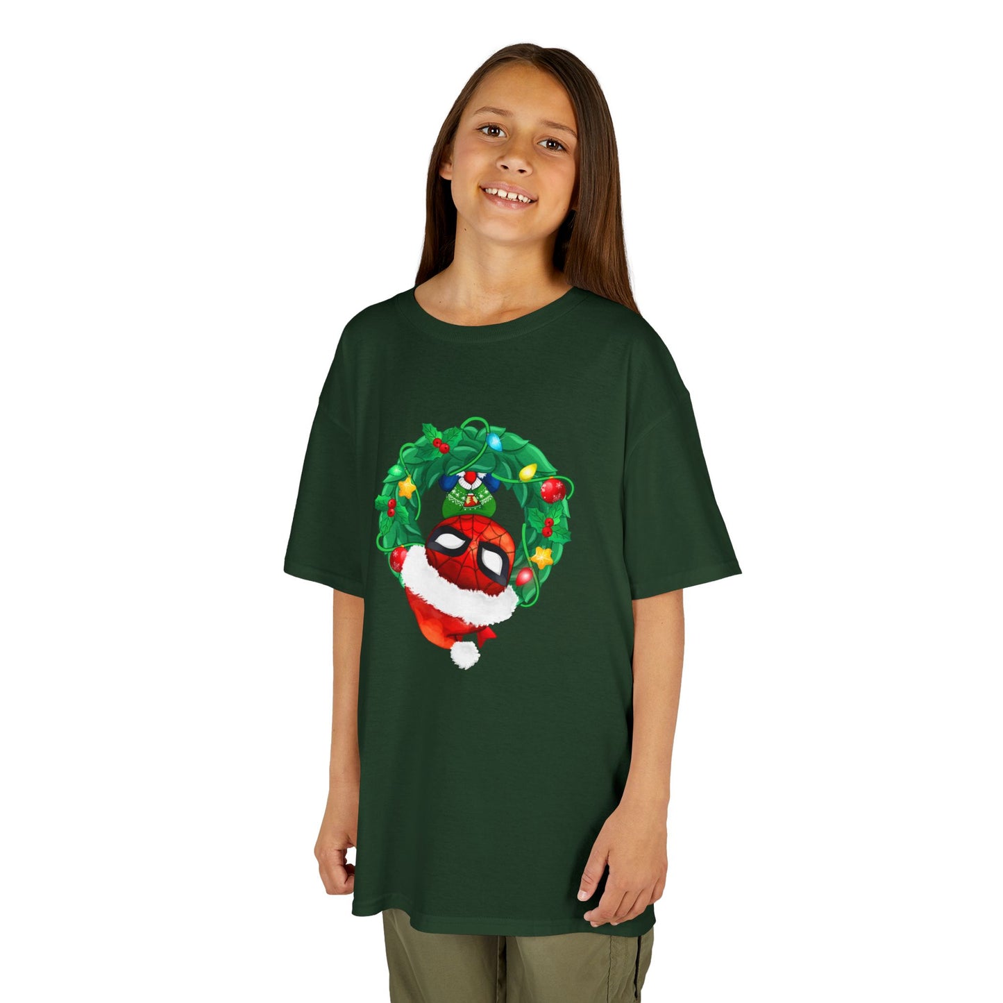 Spidey Wreath Kids Christmas Tee – Superhero Holiday Shirt for Kids Heavy Cotton T-Shirt