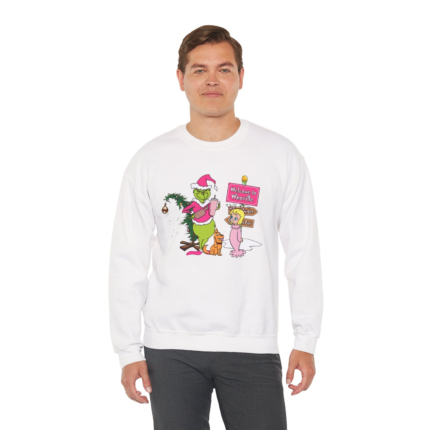 Welcome to Merryville Christmas Crewneck – Cute Green Creature & Winter Village Sweatshirt (Unisex)