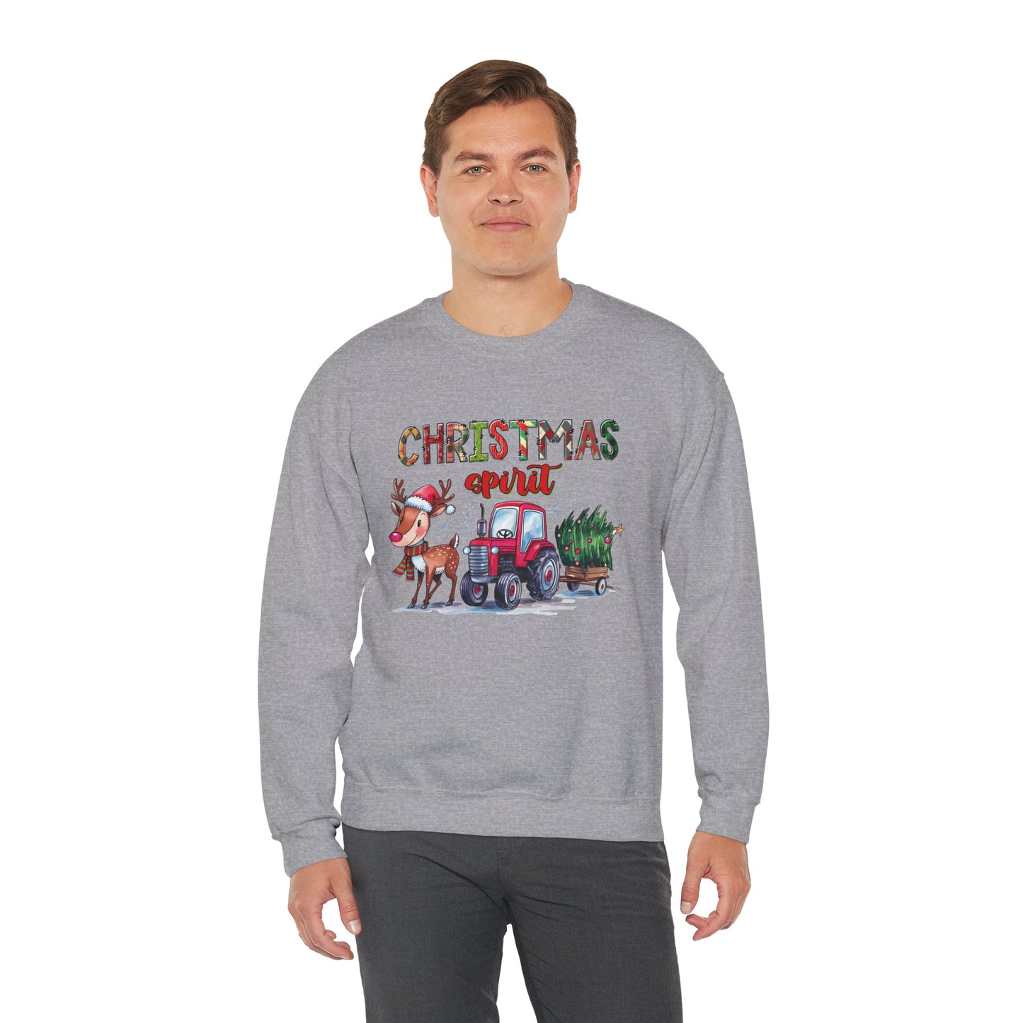 Christmas Spirit Unisex Heavy Blend Crewneck Sweatshirt – Cute Reindeer & Red Tractor Holiday Sweater