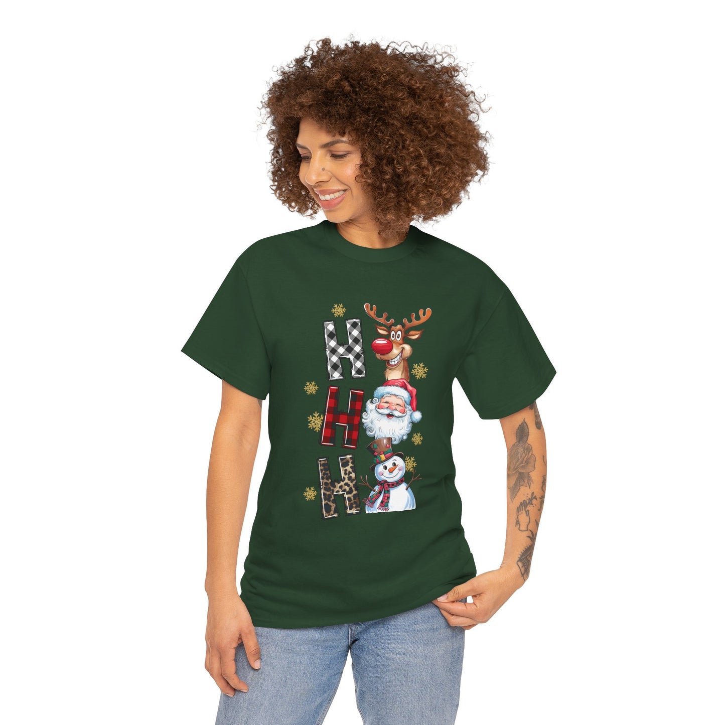 HO HO HO Christmas Unisex Heavy Cotton T-Shirt – Santa, Reindeer & Snowman Holiday Tee