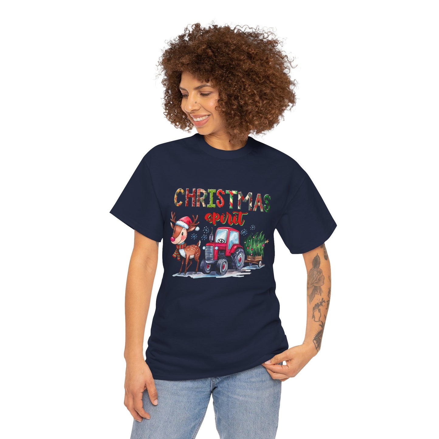 Christmas Spirit Unisex Heavy Cotton T-Shirt – Cute Reindeer & Red Tractor Holiday Tee