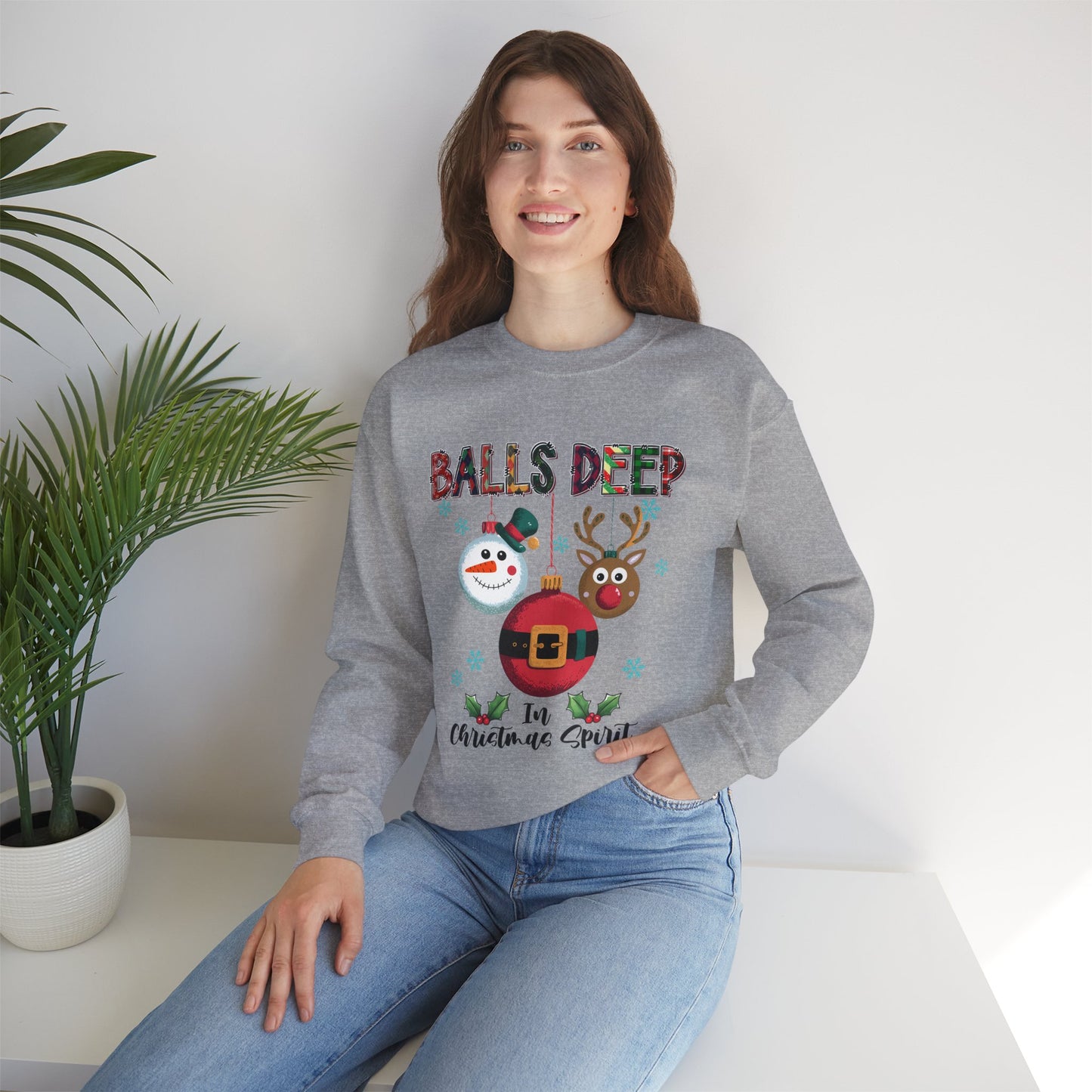 Balls Deep in Christmas Spirit Unisex Heavy Blend Crewneck Sweatshirt – Funny Adult Holiday Snowman & Reindeer Sweater
