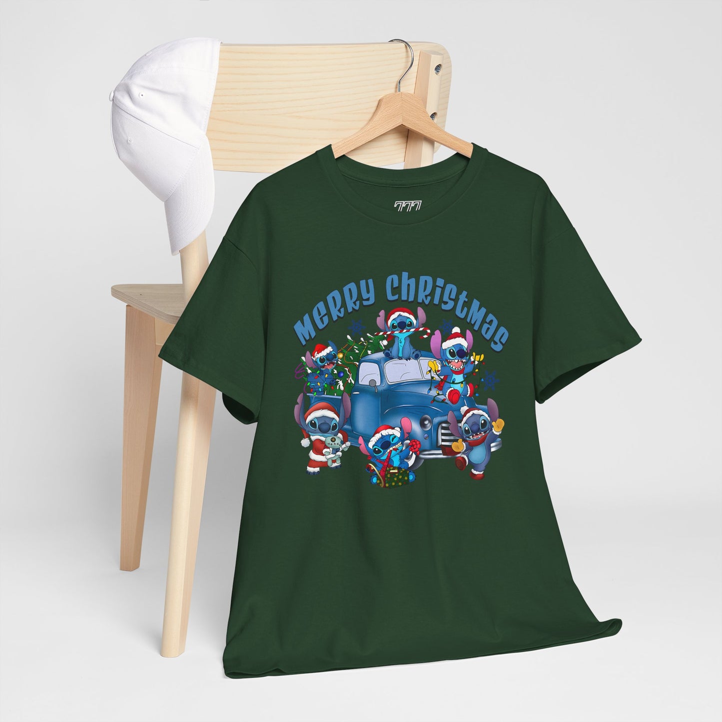 Merry Christmas Unisex Heavy Cotton T-Shirt – Blue Christmas Truck & Cute Holiday Characters Tee