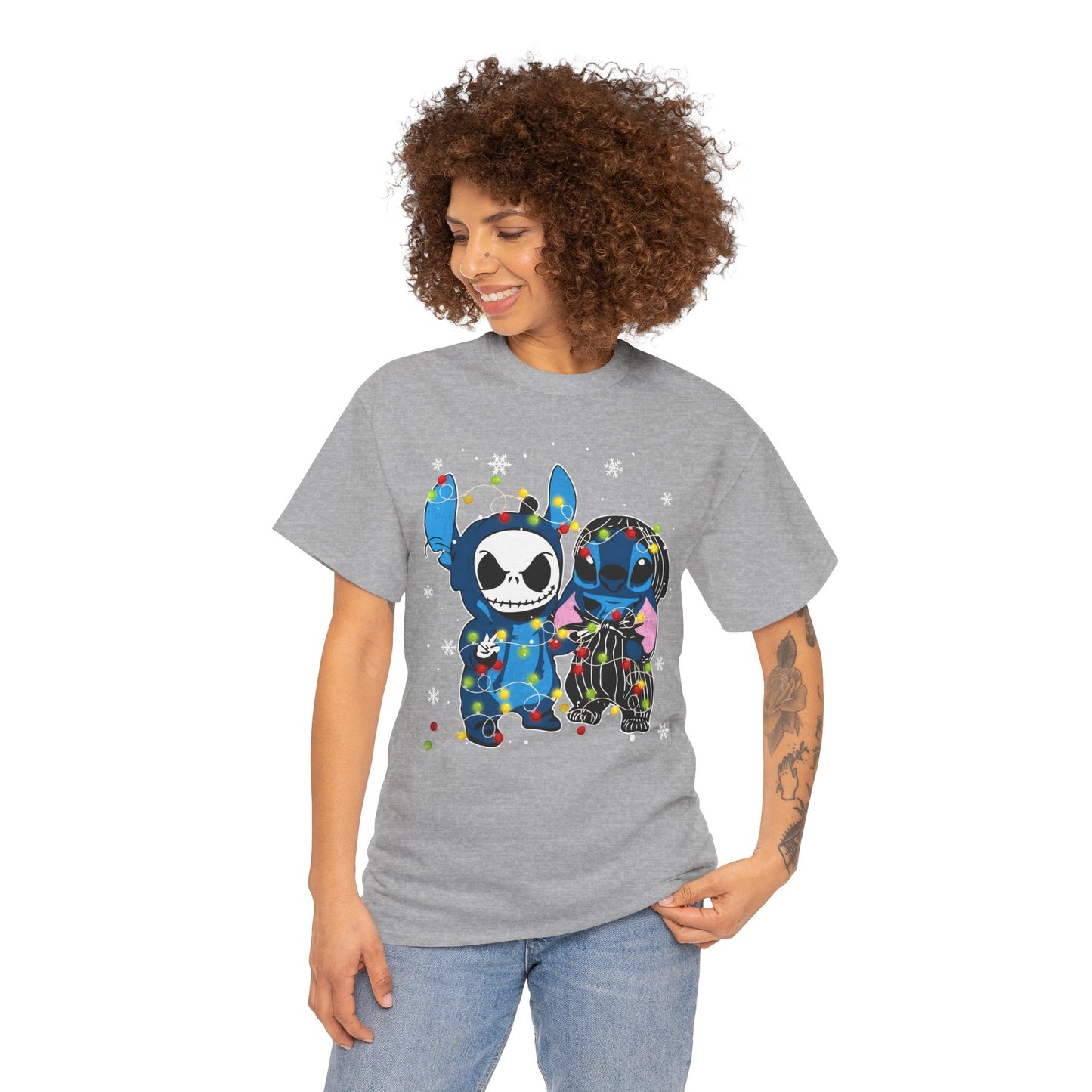 Cute Holiday Duo Christmas Unisex Heavy Cotton T-Shirt – Cartoon Alien & Skeleton Festive Tee
