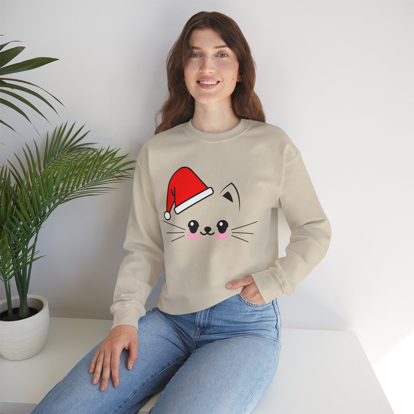 Cat Santa Christmas Crewneck – Cute Kawaii Cat Holiday Sweatshirt (Unisex)