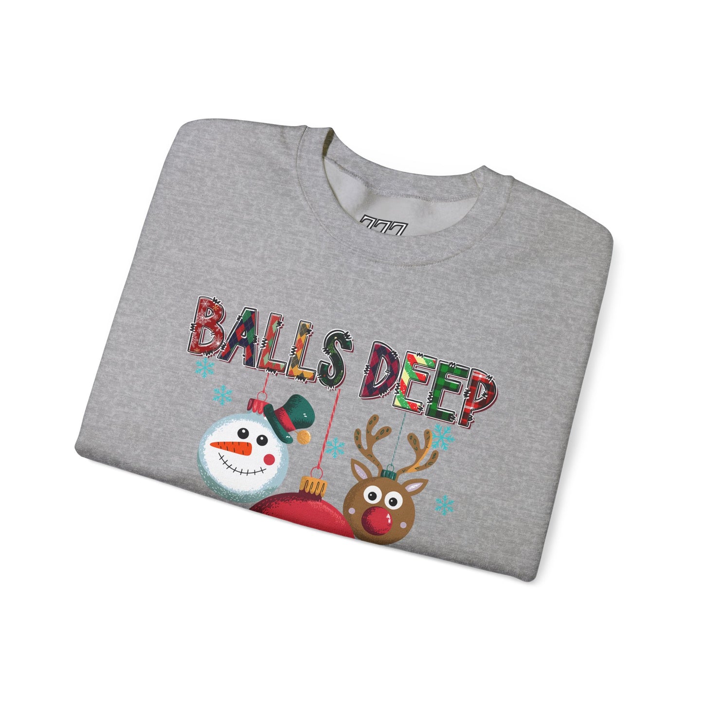 Balls Deep in Christmas Spirit Unisex Heavy Blend Crewneck Sweatshirt – Funny Adult Holiday Snowman & Reindeer Sweater