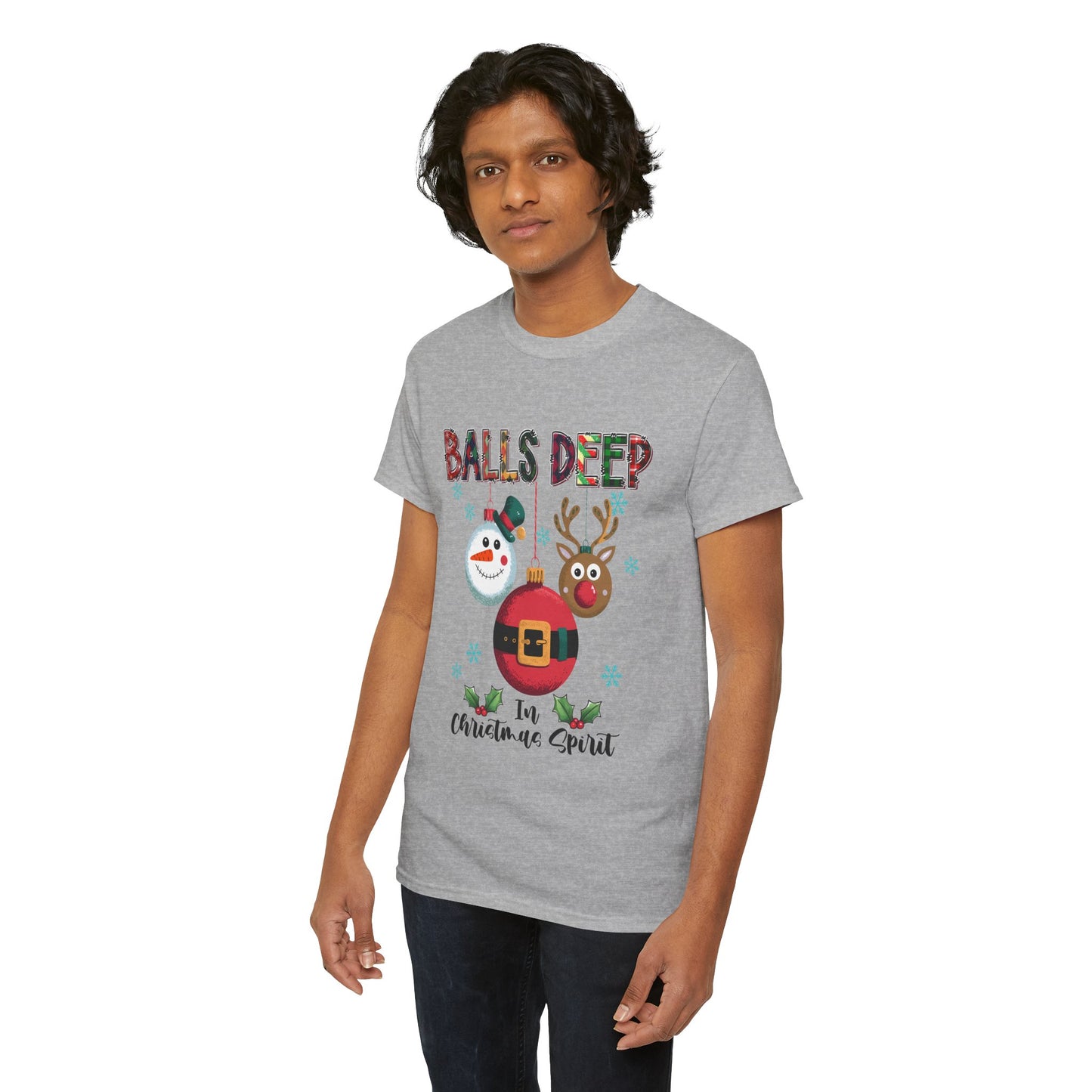 Balls Deep in Christmas Cheer Unisex Heavy Cotton T-Shirt – Funny Adult Holiday Snowman & Reindeer Tee