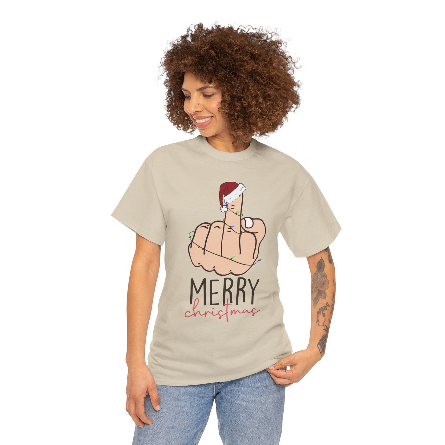 Merry Christmas Middle Finger Funny Adult Holiday Tee – Sarcastic Santa Joke Unisex Heavy Cotton T-Shirt