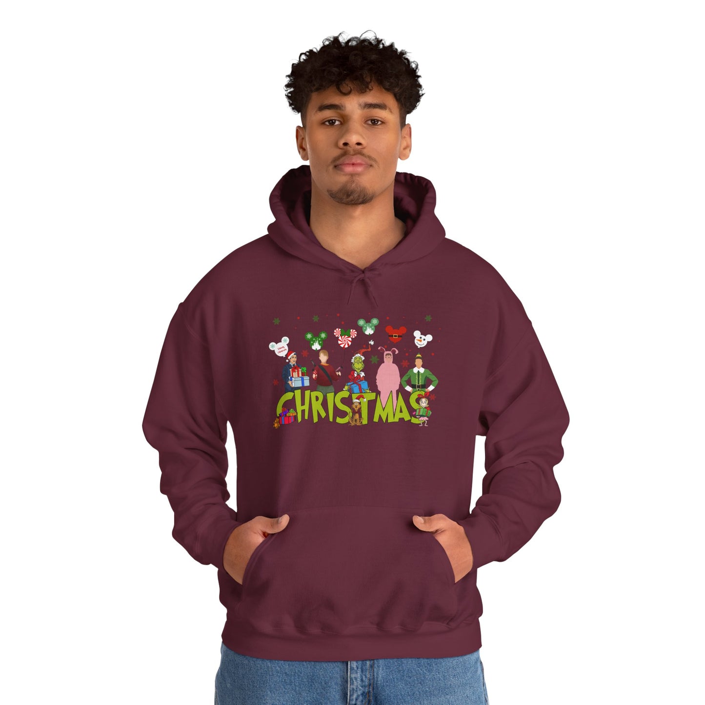 Christmas Character Squad Hoodie – Cute Festive Holiday Characters Unisex Heavy Blend Hooded Sweatshirt