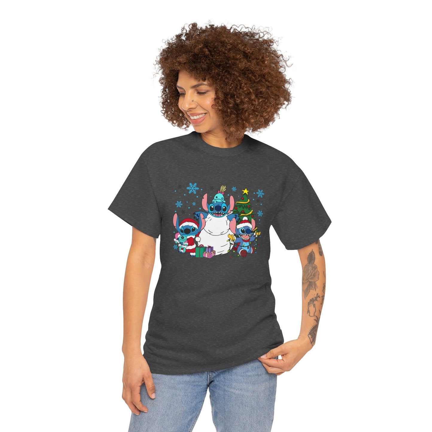 Stitch Christmas Vibes T-Shirt – Cute Holiday Trio Unisex Heavy Cotton Tee
