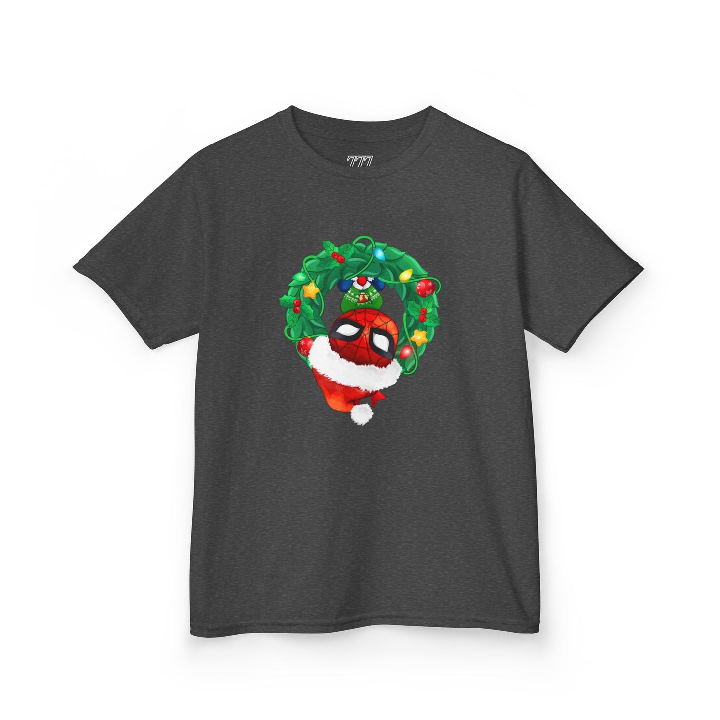 Spidey Wreath Kids Christmas Tee – Superhero Holiday Shirt for Kids Heavy Cotton T-Shirt