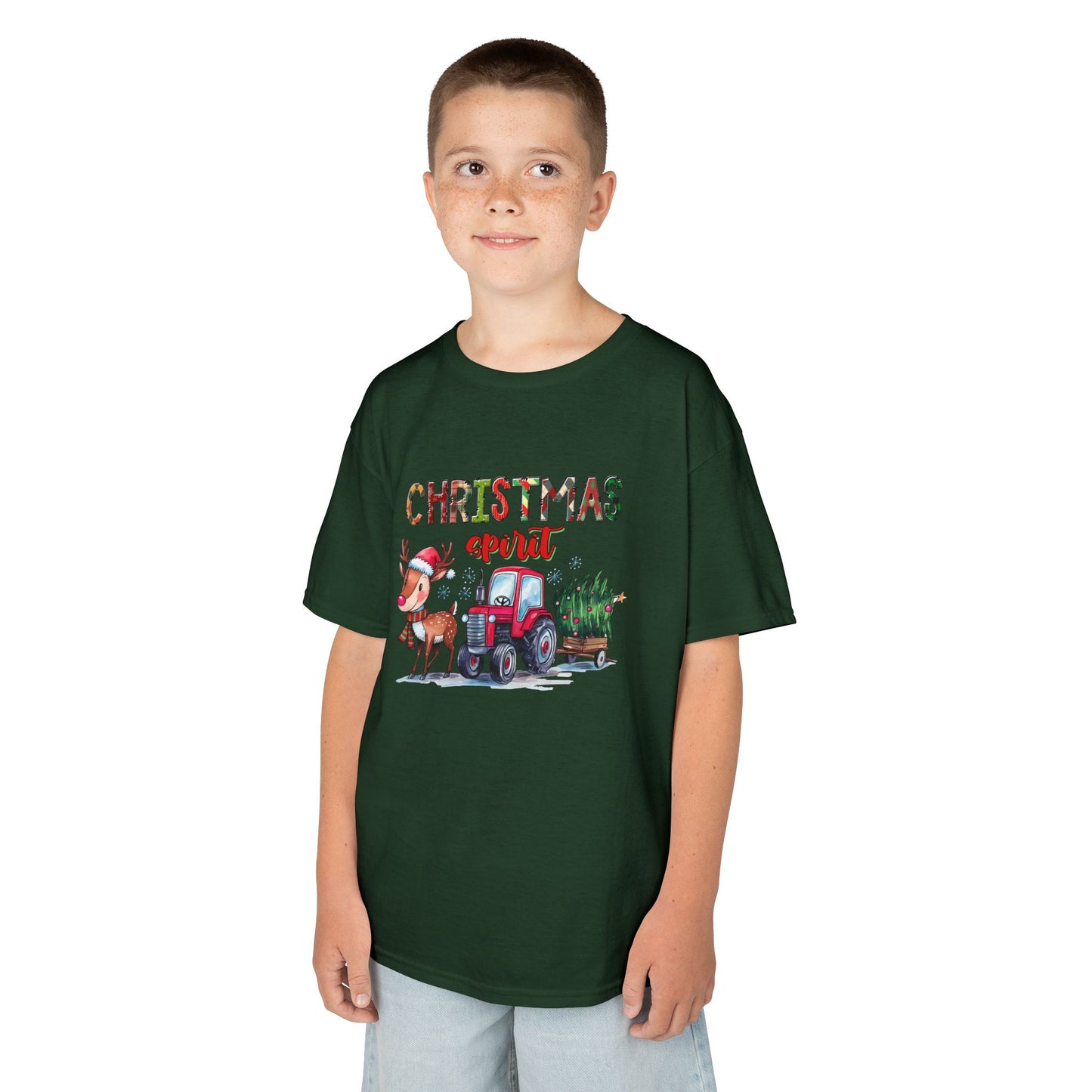 Christmas Spirit Kids T-Shirt – Cute Reindeer & Red Tractor Holiday Tee