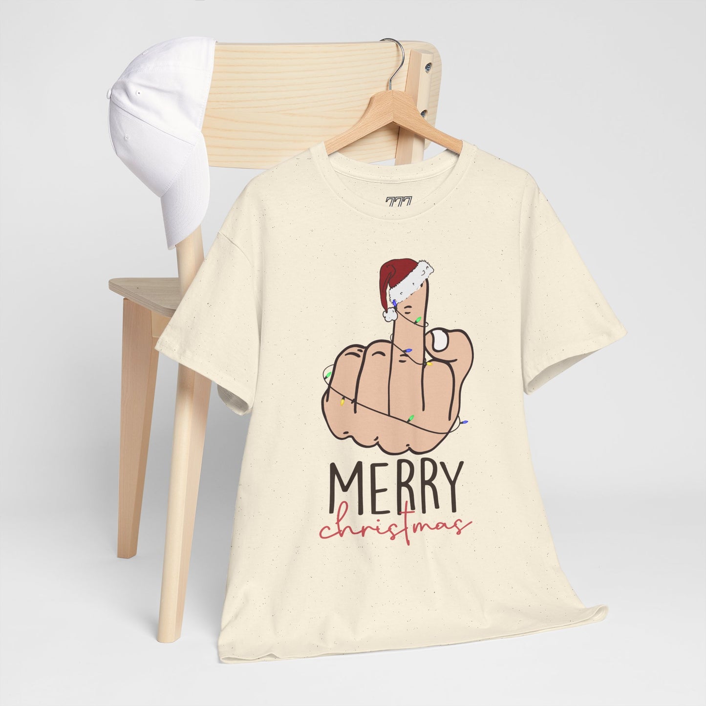 Merry Christmas Middle Finger Funny Adult Holiday Tee – Sarcastic Santa Joke Unisex Heavy Cotton T-Shirt