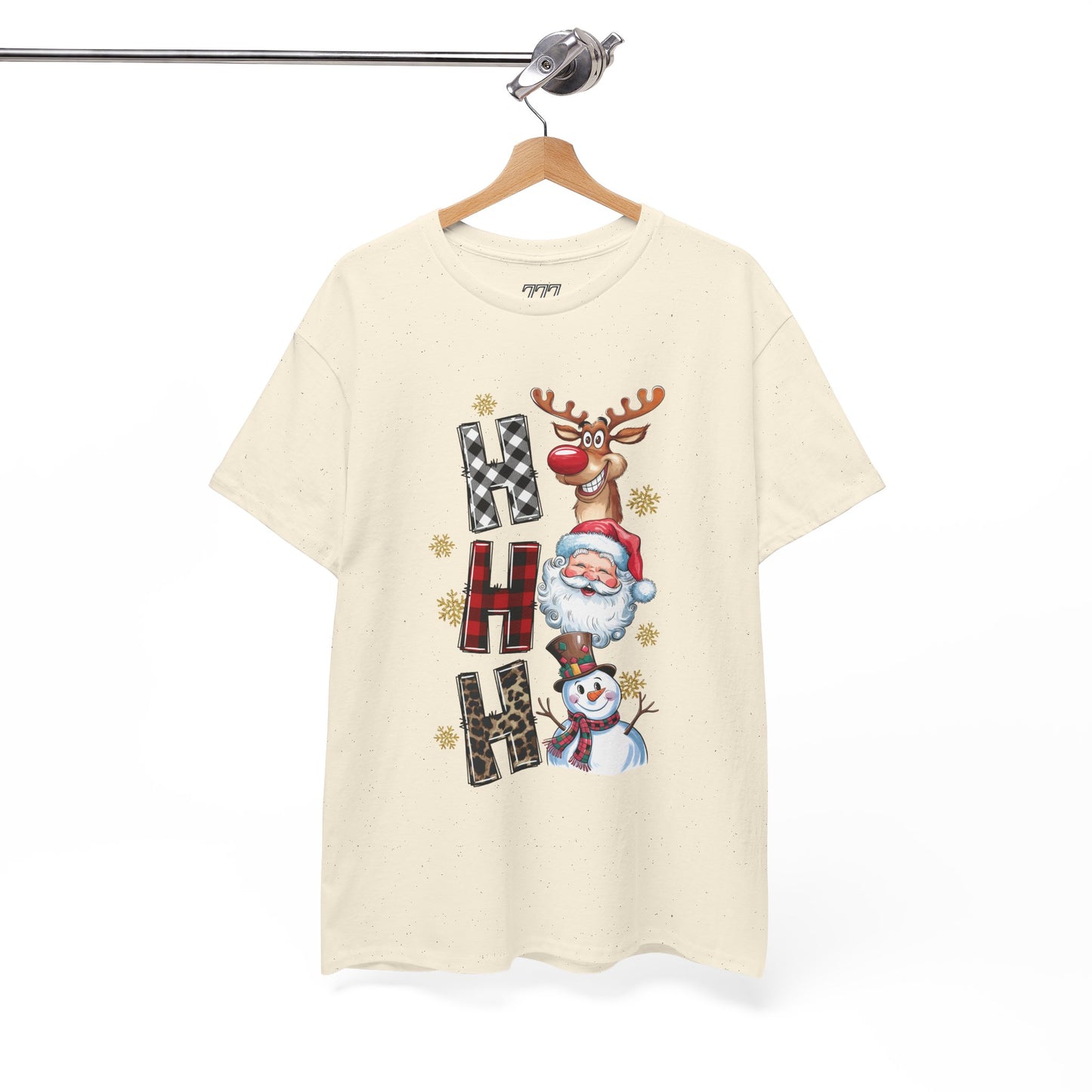 HO HO HO Christmas Unisex Heavy Cotton T-Shirt – Santa, Reindeer & Snowman Holiday Tee