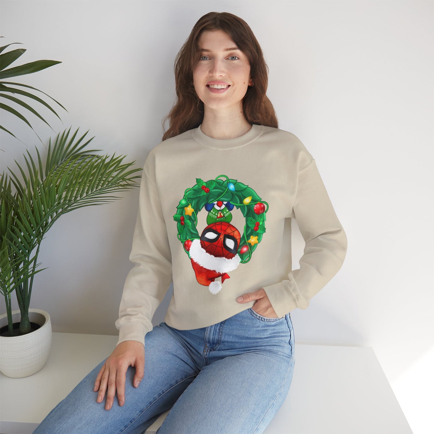 Spidey Wreath Christmas Sweatshirt – Superhero Holiday Lights Festive Unisex Heavy Blend Crewneck