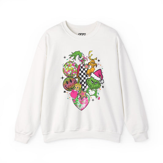 Grinchy Bells Christmas Crewneck – Neon Holiday Hearts & Grumpy Green Aesthetic Sweatshirt (Unisex)