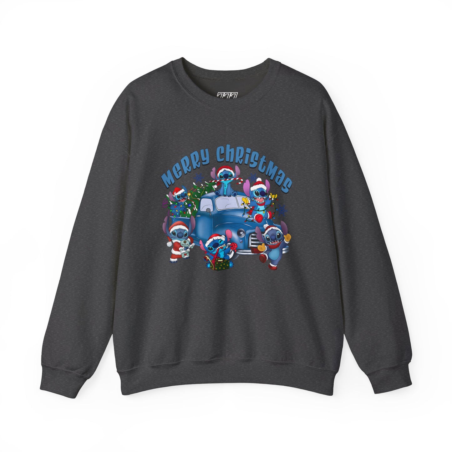 Merry Christmas Unisex Heavy Blend Crewneck Sweatshirt – Blue Christmas Truck & Cute Holiday Characters Sweater
