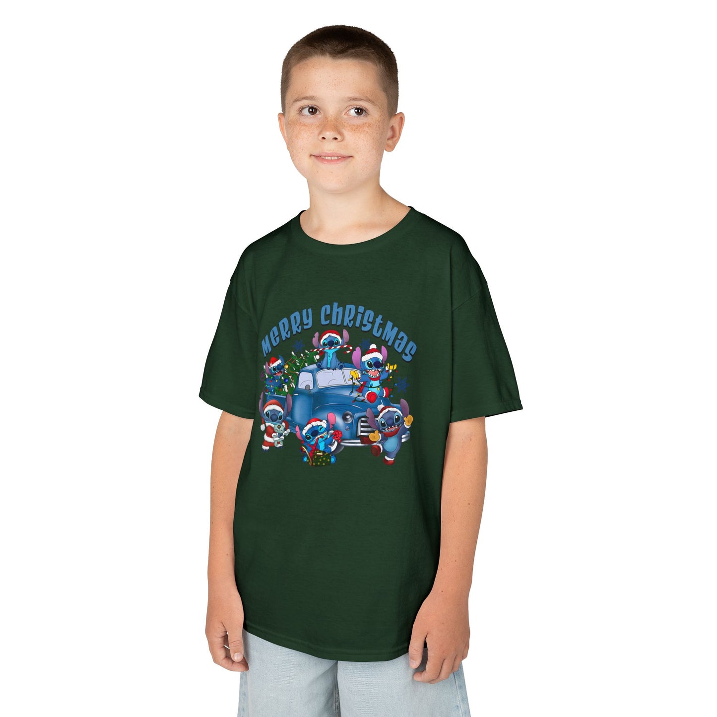 Merry Christmas Kids T-Shirt – Cute Blue Holiday Characters & Christmas Truck Tee