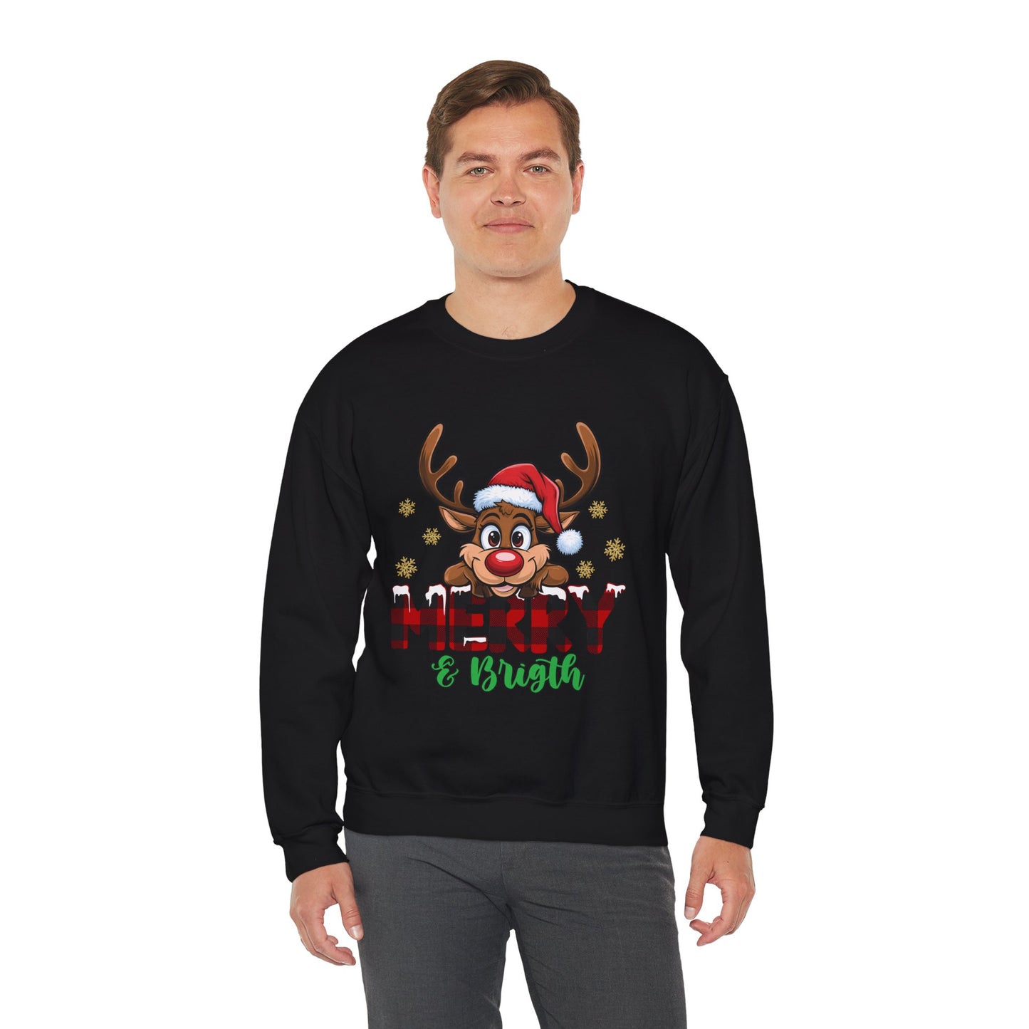 Merry & Bright Unisex Heavy Blend Crewneck Sweatshirt – Cute Christmas Reindeer Holiday Sweater