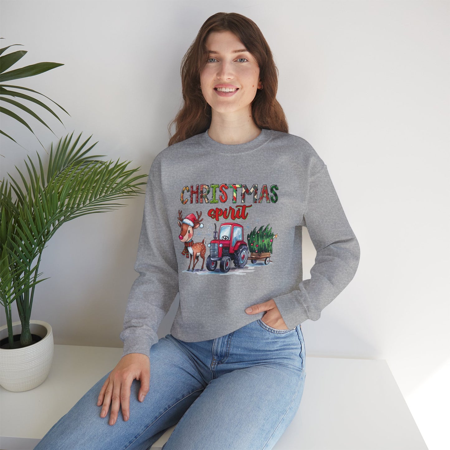 Christmas Spirit Unisex Heavy Blend Crewneck Sweatshirt – Cute Reindeer & Red Tractor Holiday Sweater