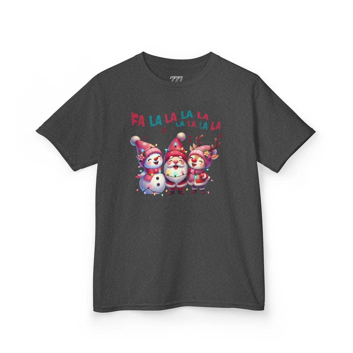 Festive Caroling Trio Kids Christmas T-Shirt – Cute Santa, Snowman & Reindeer Holiday Tee
