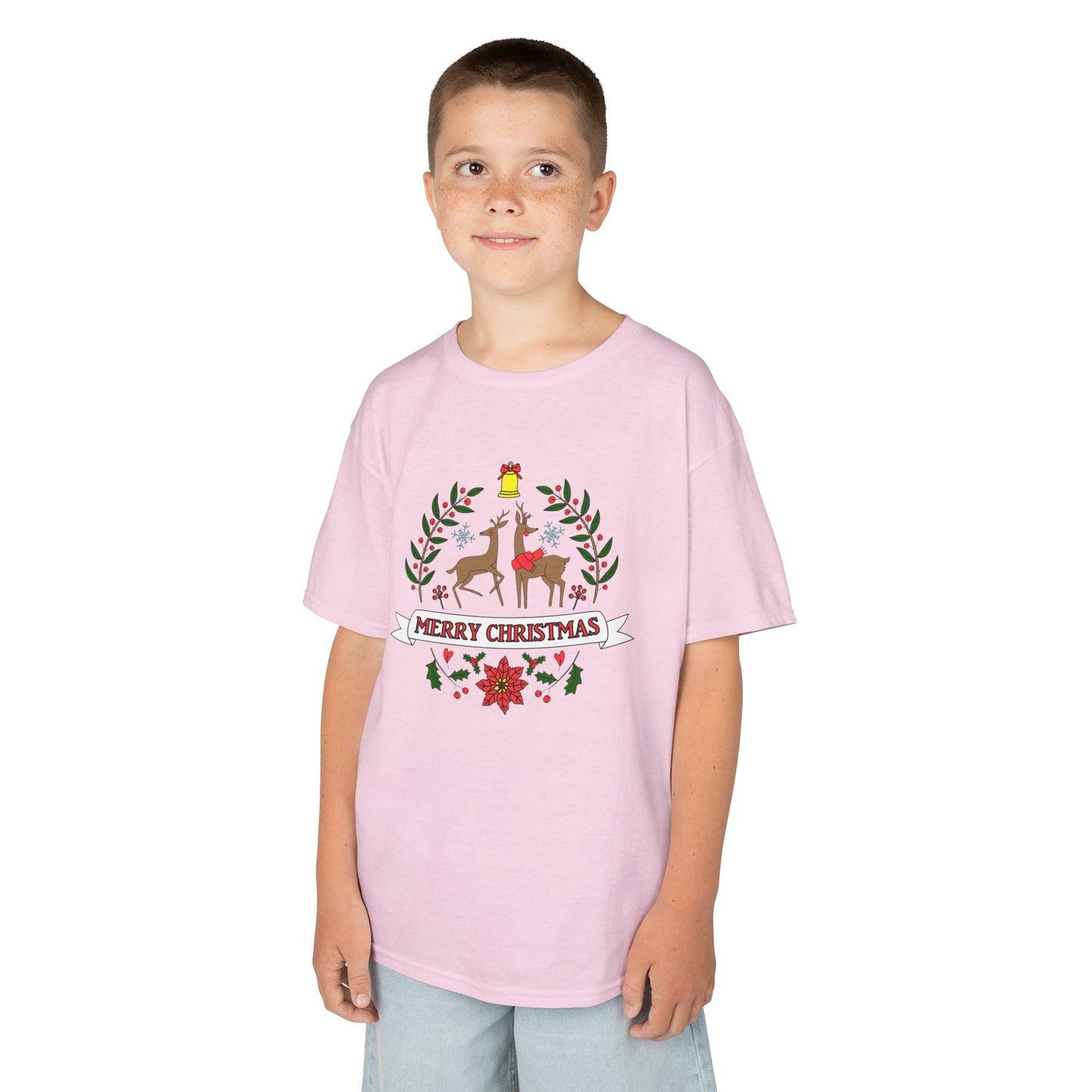 Merry Christmas Reindeer Kids T-Shirt – Cute Holiday Laurel & Poinsettia Tee