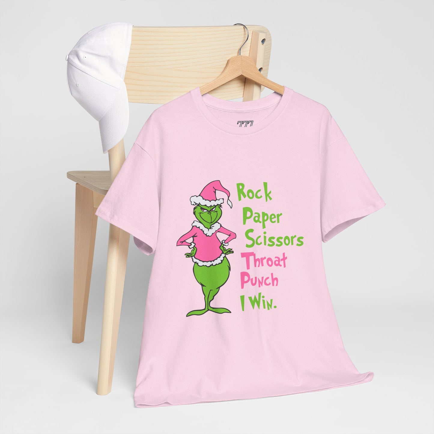 Rock Paper Scissors Throat Punch I Win Funny Christmas Grinch-Inspired Holiday Tee – Sarcastic Pink Santa Unisex Heavy Cotton T-Shirt
