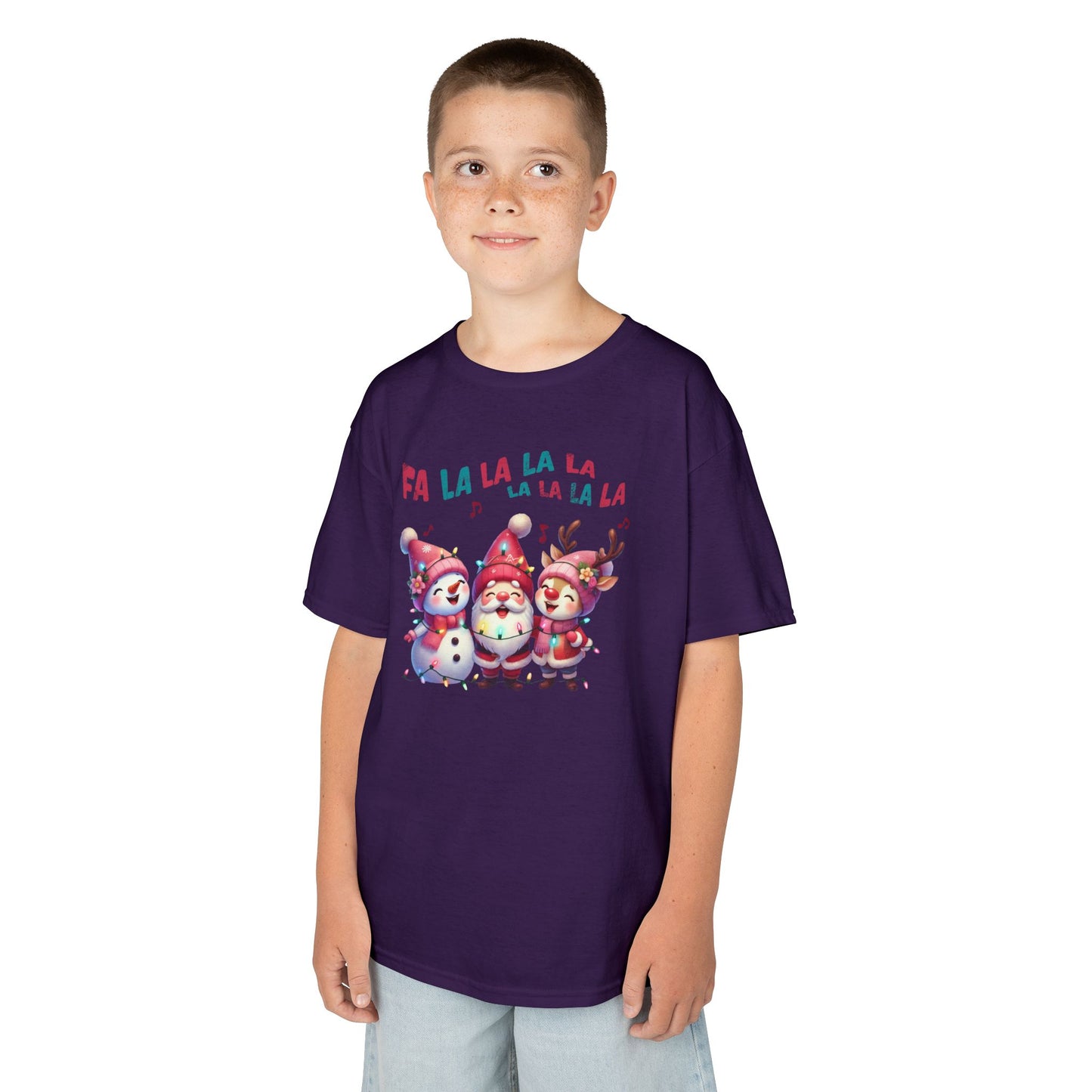 Festive Caroling Trio Kids Christmas T-Shirt – Cute Santa, Snowman & Reindeer Holiday Tee