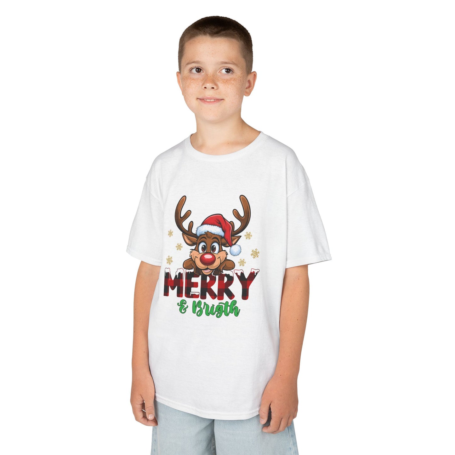 Merry & Bright Kids Christmas T-Shirt – Cute Reindeer Holiday Heavy Cotton Tee