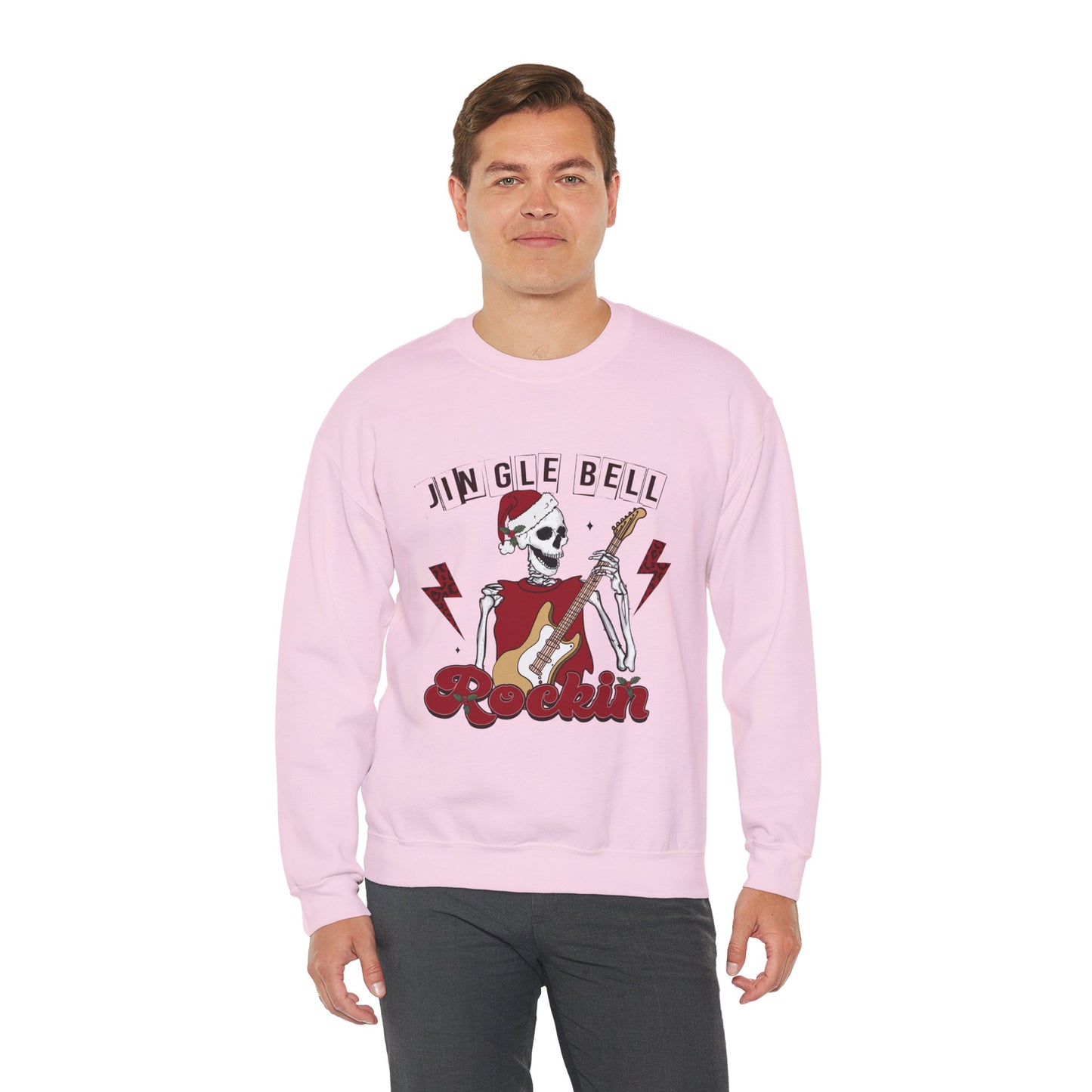Jingle Bell Rockin’ Skeleton Christmas Rock Music Holiday Sweatshirt – Retro Guitar Santa Unisex Heavy Blend Crewneck