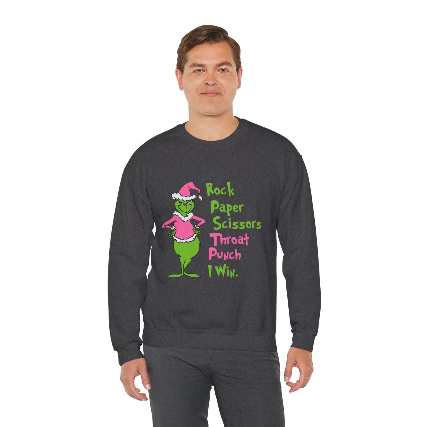 Rock Paper Scissors Throat Punch I Win Funny Christmas Grinch-Inspired Holiday Sweatshirt – Sarcastic Pink Santa Unisex Heavy Blend Crewneck