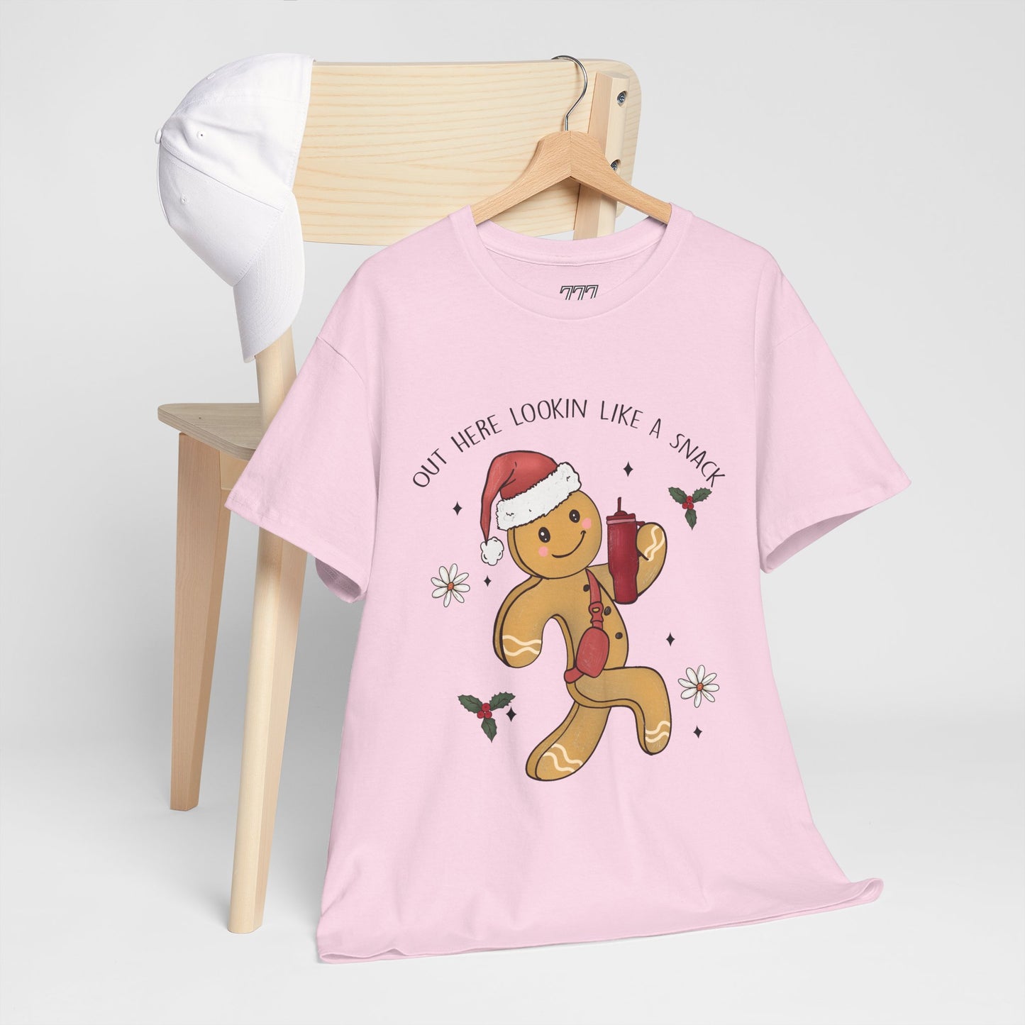 Out Here Looking Like a Snack Gingerbread Funny Christmas Holiday Tee – Cute Santa Hat Festive Unisex Heavy Cotton T-Shirt