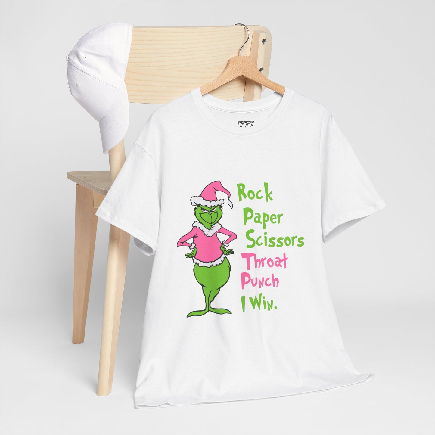 Rock Paper Scissors Throat Punch I Win Funny Christmas Grinch-Inspired Holiday Tee – Sarcastic Pink Santa Unisex Heavy Cotton T-Shirt