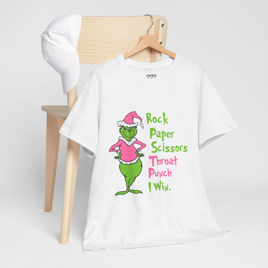 Rock Paper Scissors Throat Punch I Win Funny Christmas Grinch-Inspired Holiday Tee – Sarcastic Pink Santa Unisex Heavy Cotton T-Shirt