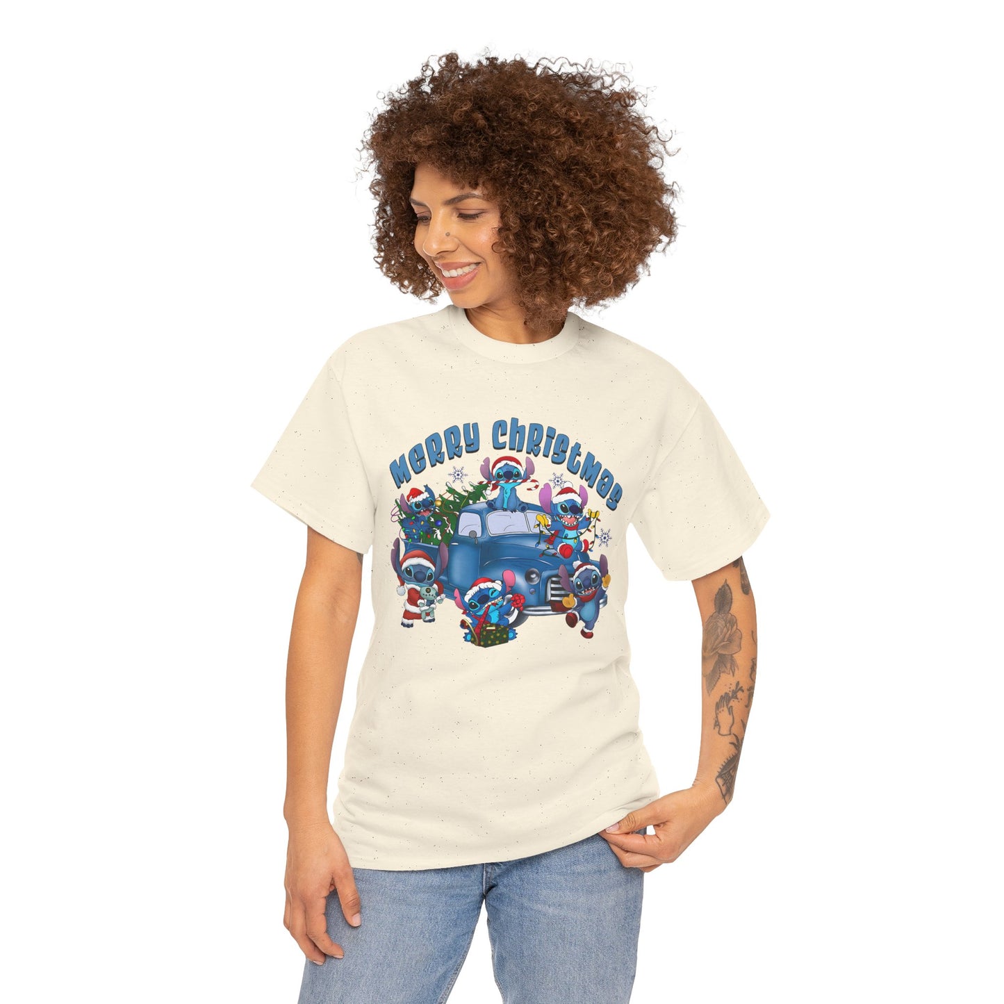 Merry Christmas Unisex Heavy Cotton T-Shirt – Blue Christmas Truck & Cute Holiday Characters Tee