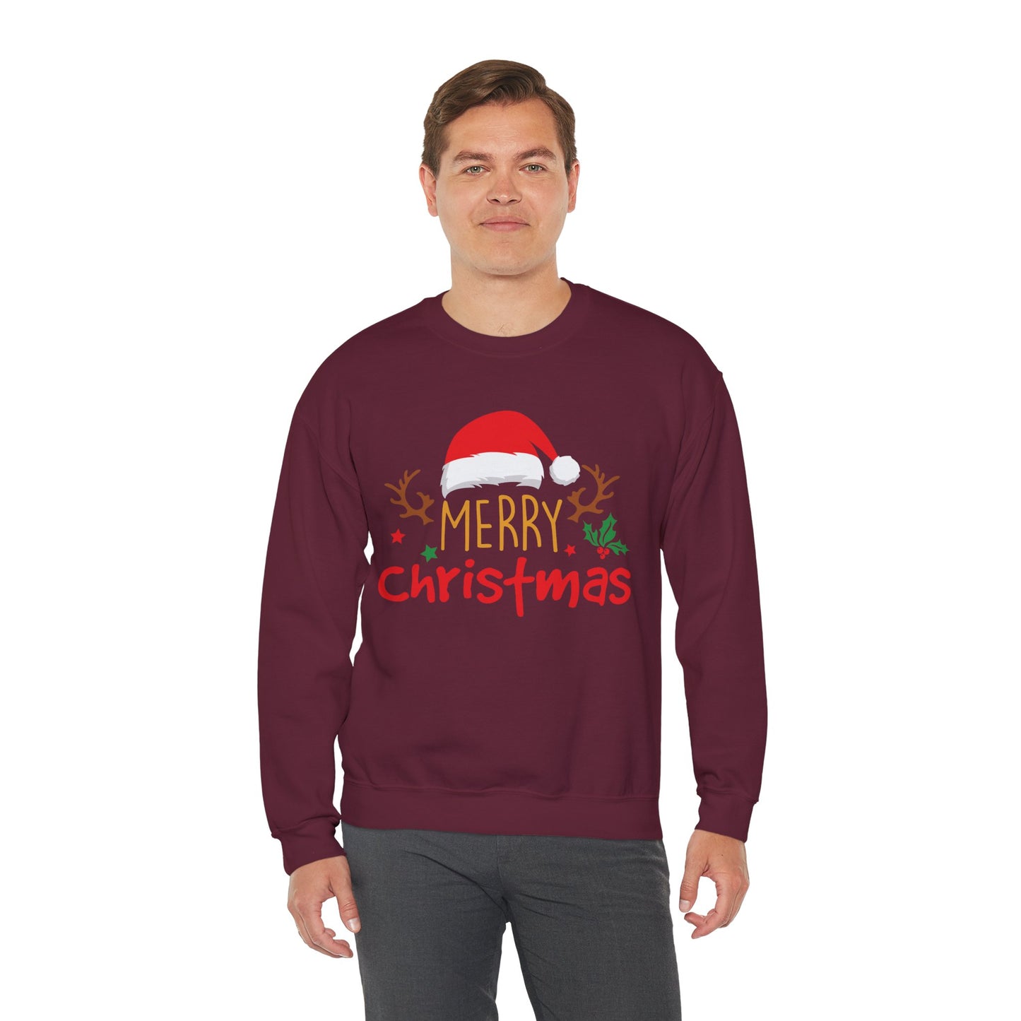 Merry Christmas Reindeer Crewneck – Santa Hat Holiday Unisex Sweatshirt, Festive Xmas Pullover
