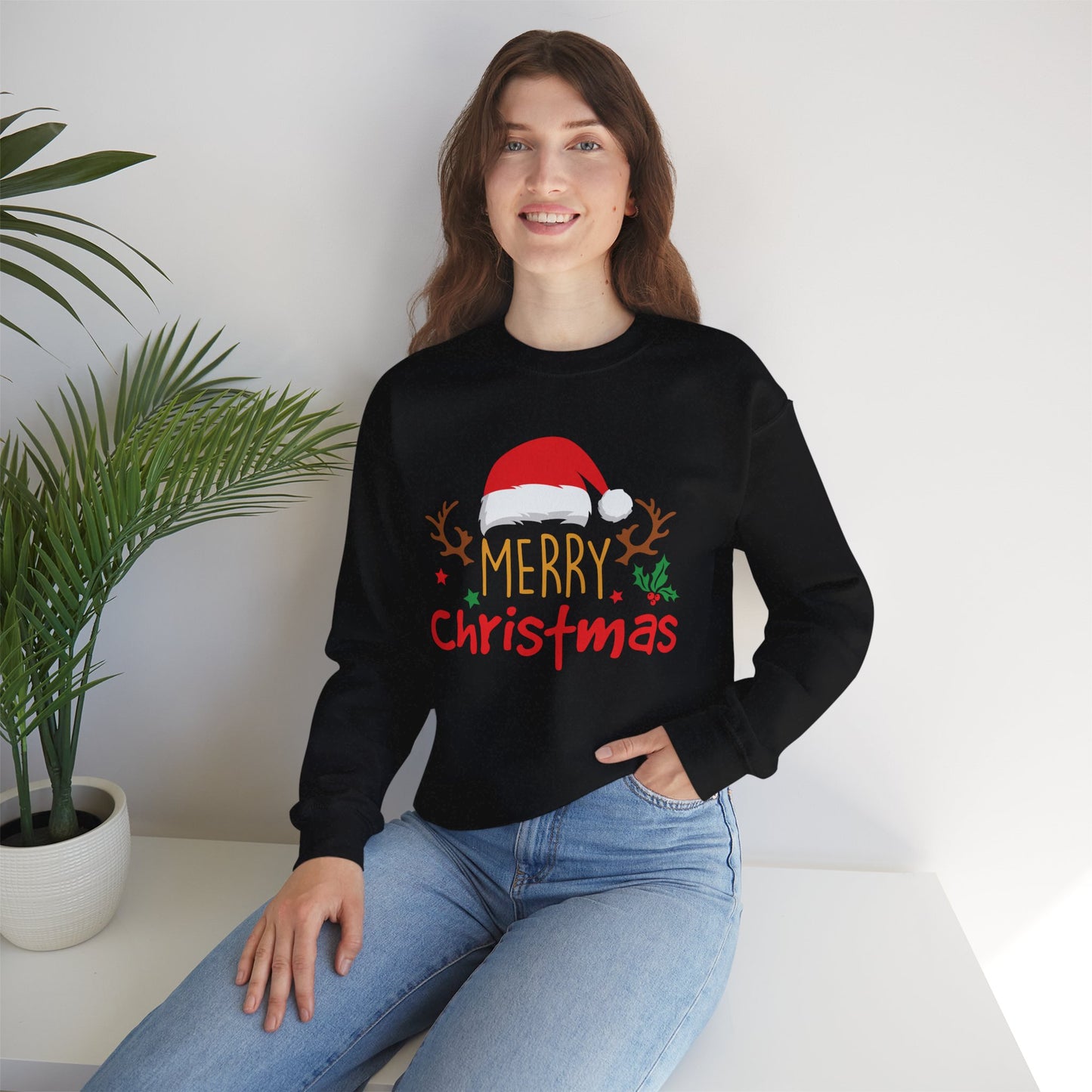 Merry Christmas Reindeer Crewneck – Santa Hat Holiday Unisex Sweatshirt, Festive Xmas Pullover