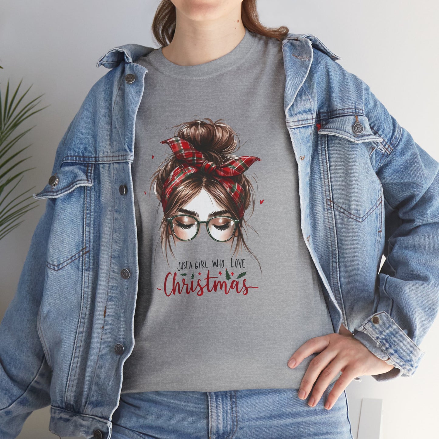 Just A Girl Who Loves Christmas Unisex Heavy Cotton T-Shirt – Plaid Bandana Holiday Girl Tee