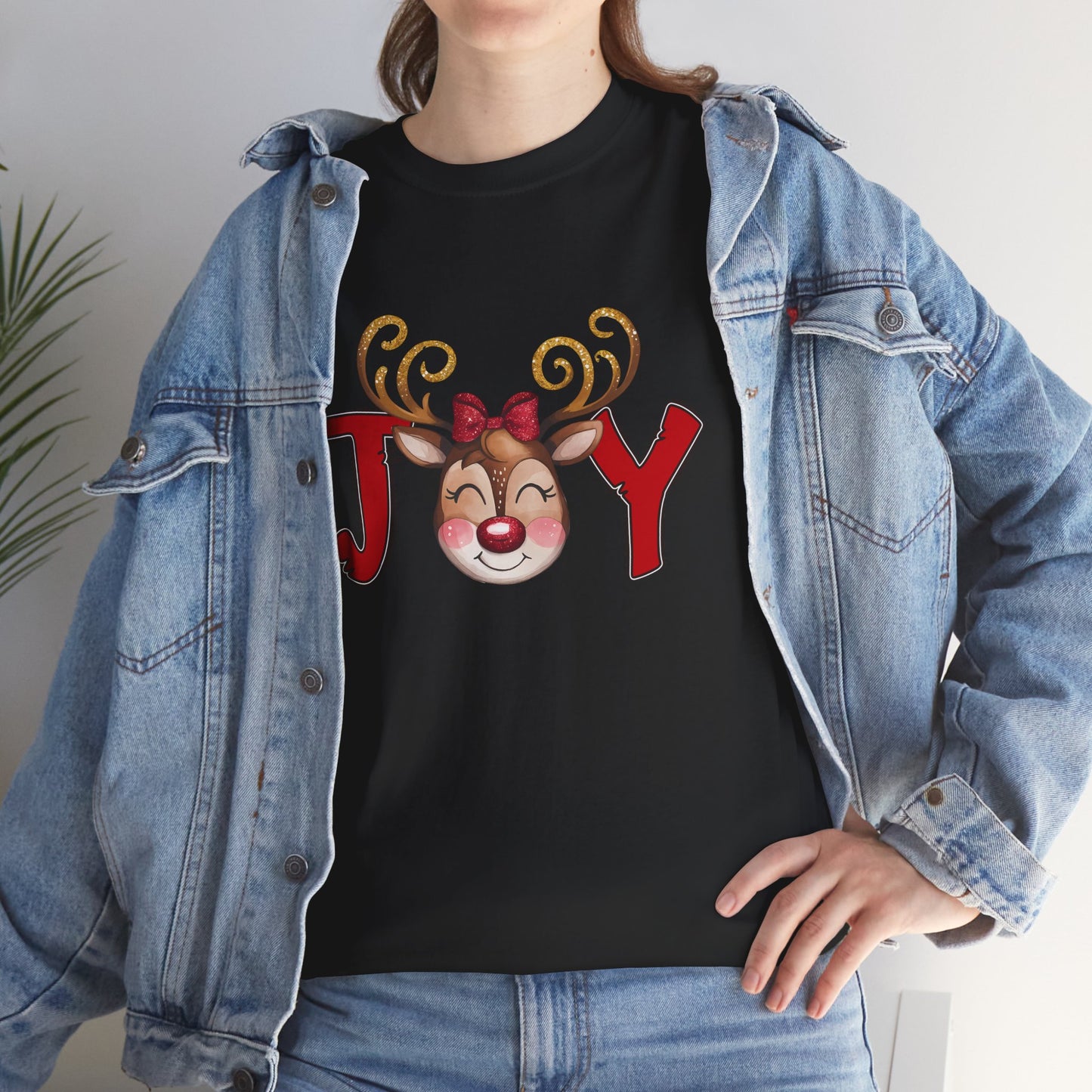 Reindeer Joy Women’s Christmas T-Shirt – Cute Holiday Reindeer Face Heavy Cotton Tee