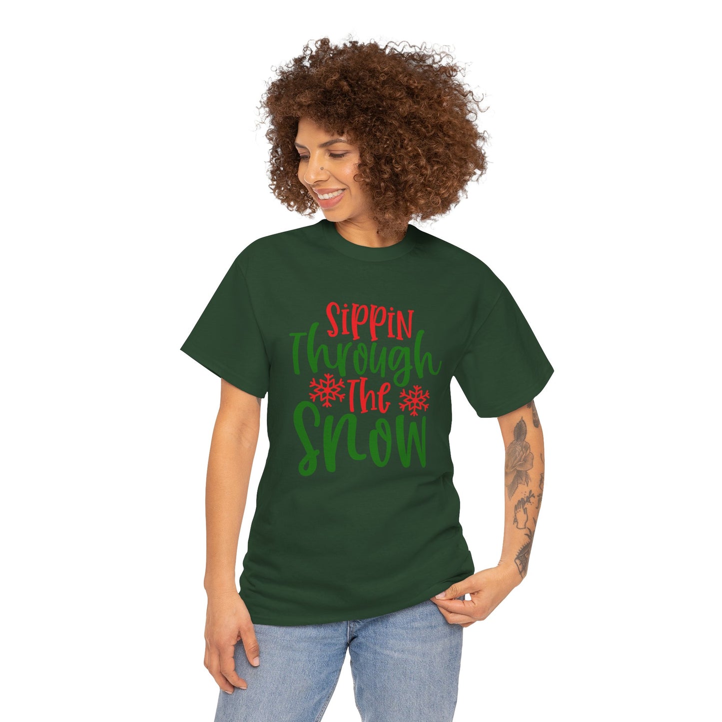 Sippin’ Through The Snow T-Shirt – Festive Holiday Beverage Unisex Heavy Cotton Tee