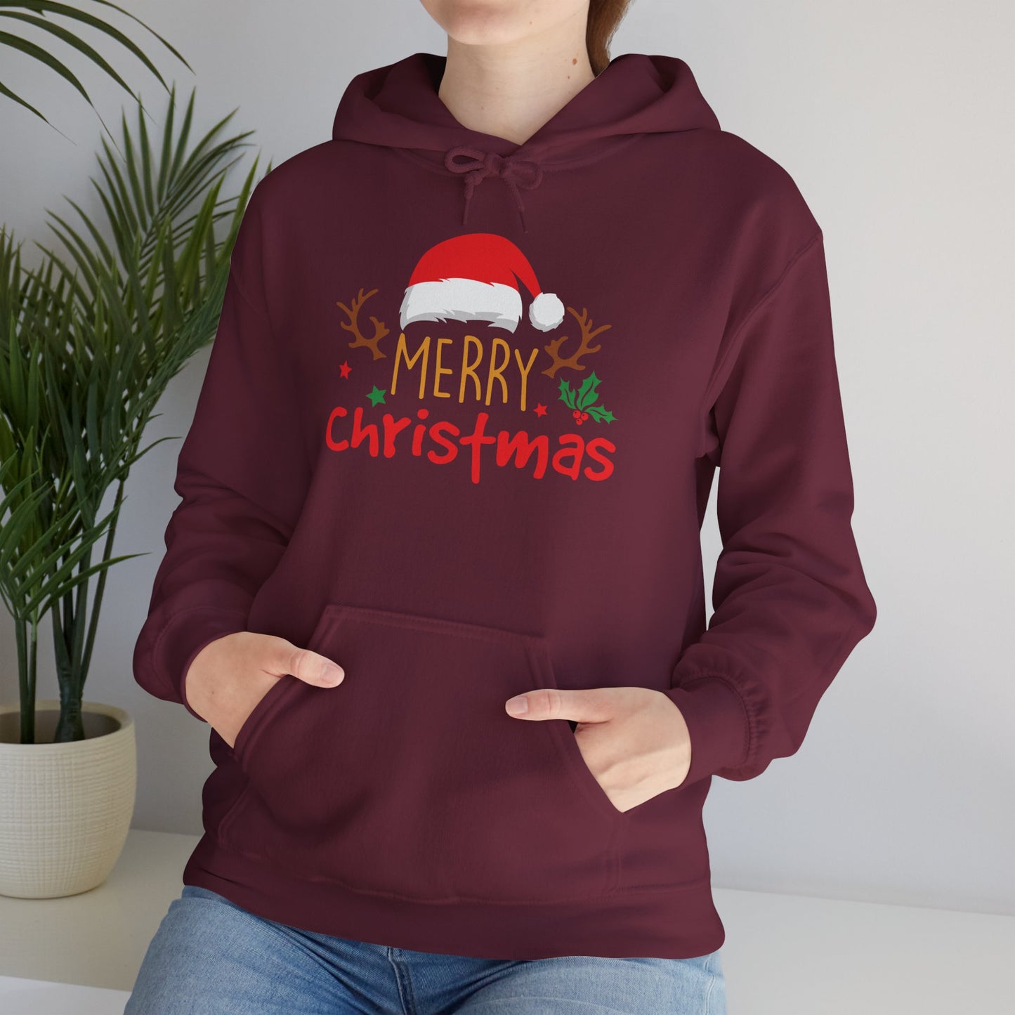 Merry Christmas Reindeer Hoodie – Santa Hat Holiday Unisex Sweatshirt, Festive Xmas Pullover