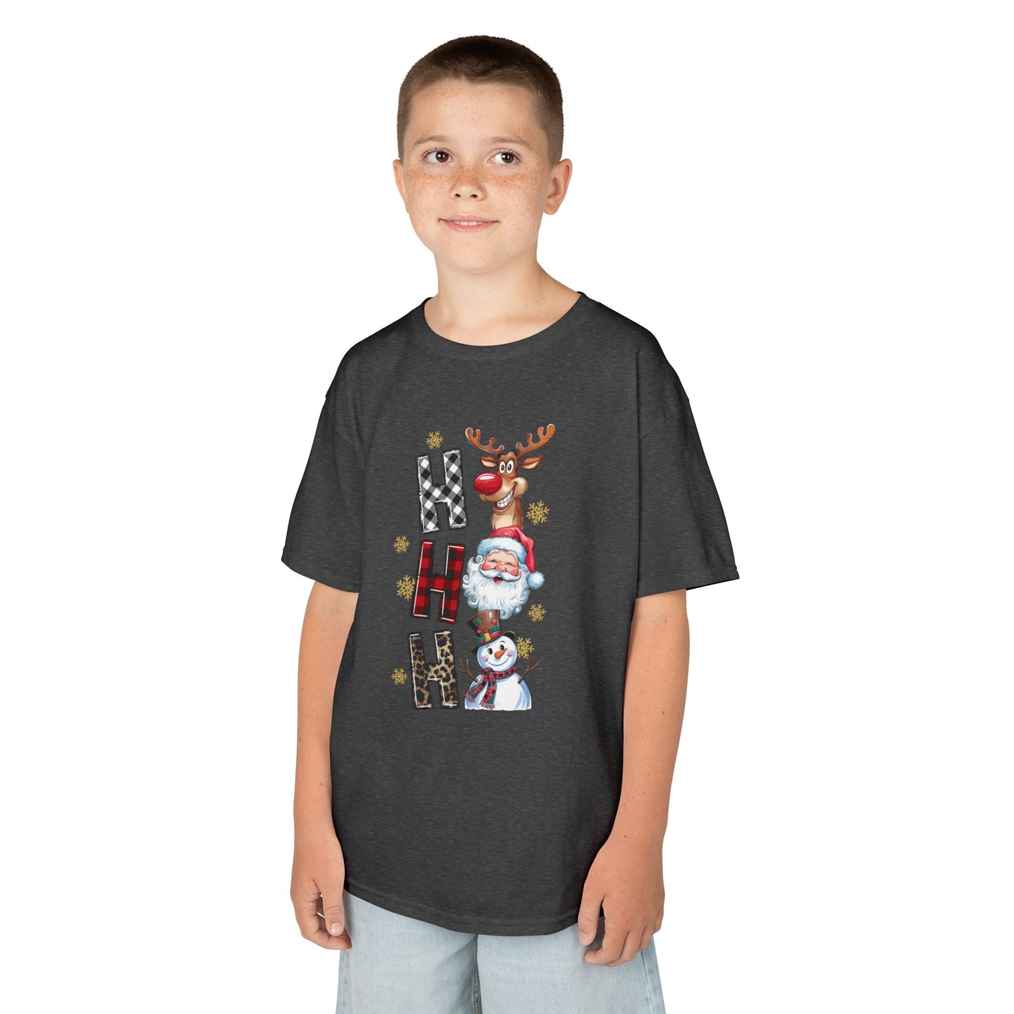 HO HO HO Kids Christmas T-Shirt – Santa, Reindeer & Snowman Holiday Tee