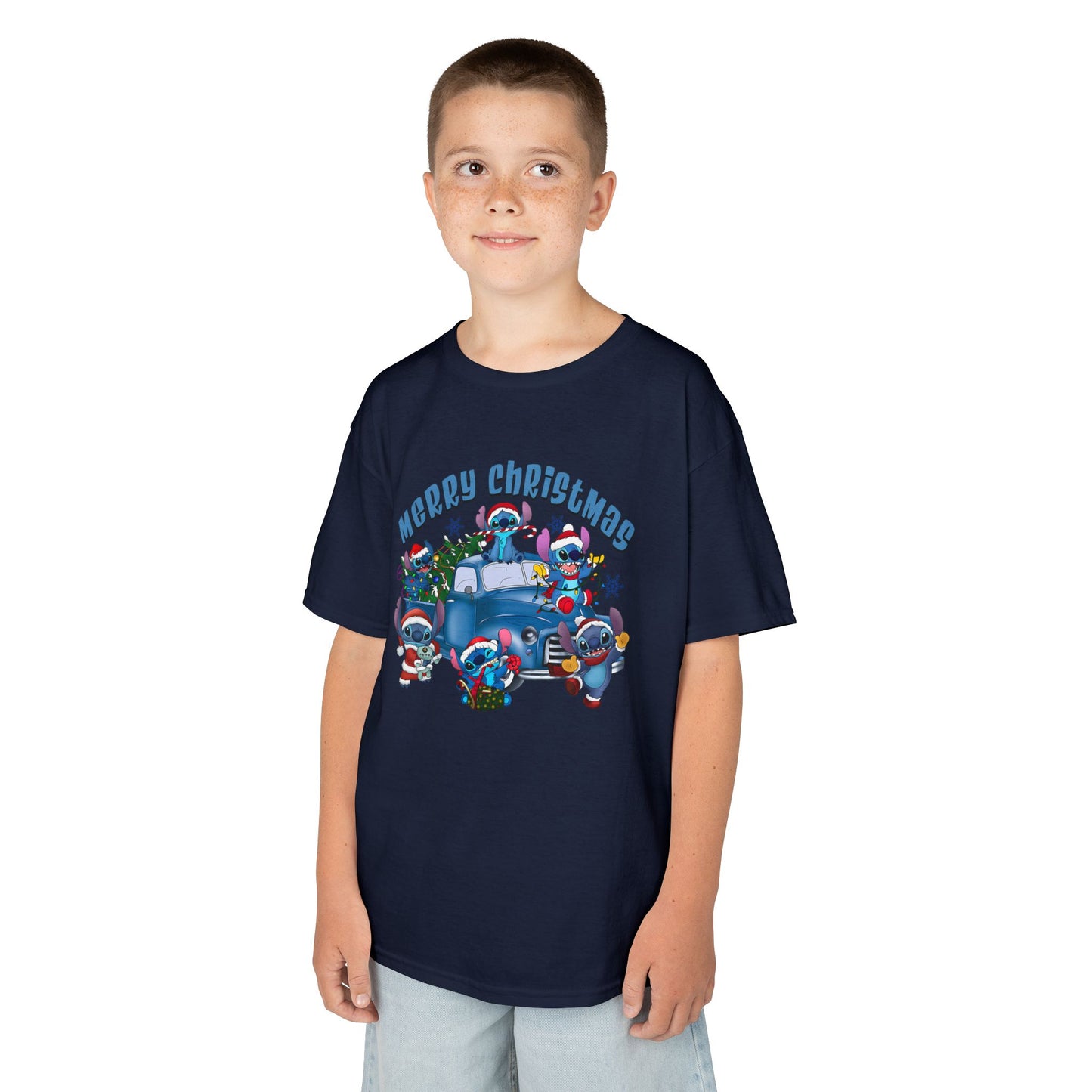 Merry Christmas Kids T-Shirt – Cute Blue Holiday Characters & Christmas Truck Tee