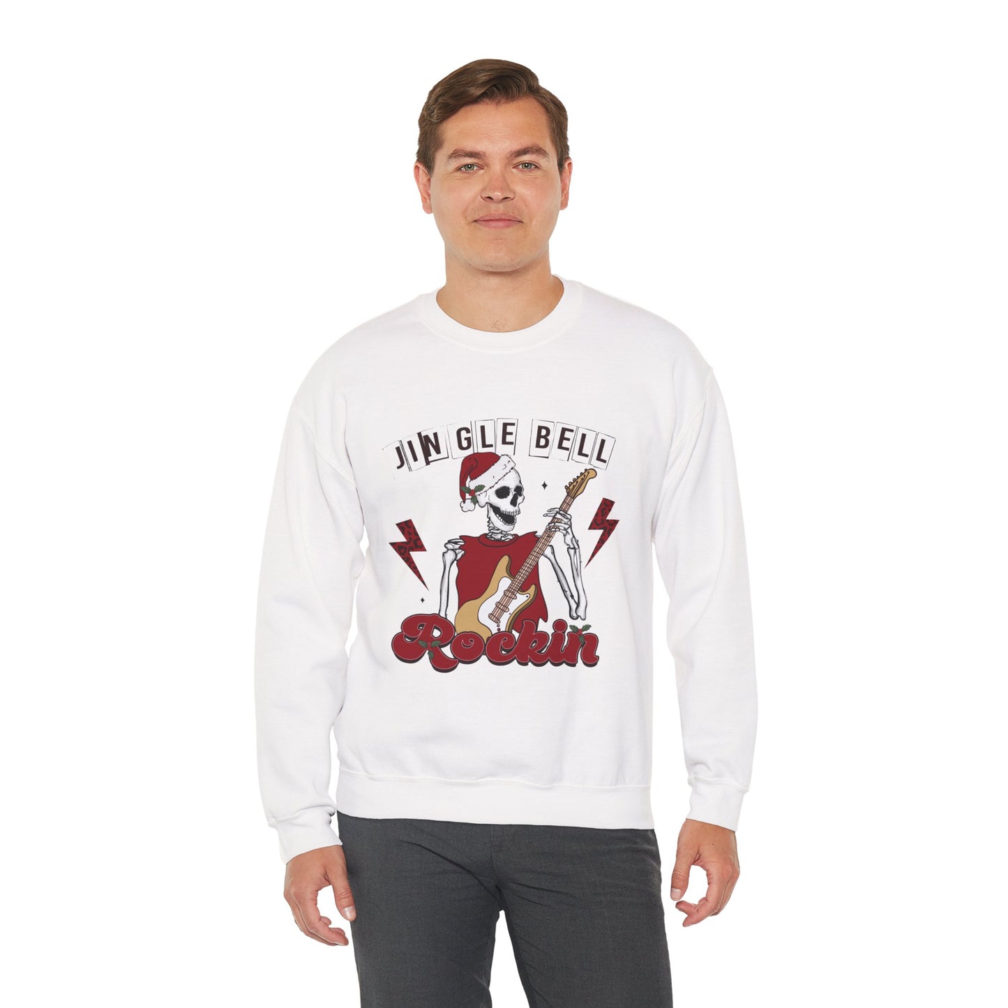 Jingle Bell Rockin’ Skeleton Christmas Rock Music Holiday Sweatshirt – Retro Guitar Santa Unisex Heavy Blend Crewneck