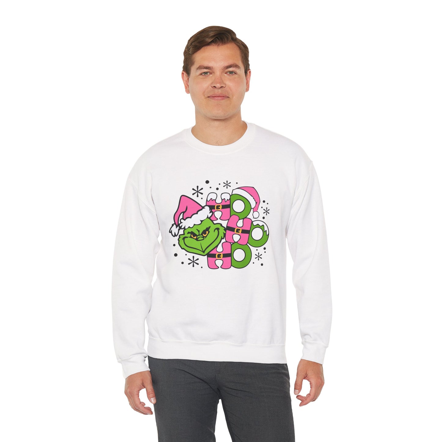HO HO HO Funny Christmas Grinch-Inspired Holiday Sweatshirt – Cute Pink Santa Unisex Heavy Blend Crewneck