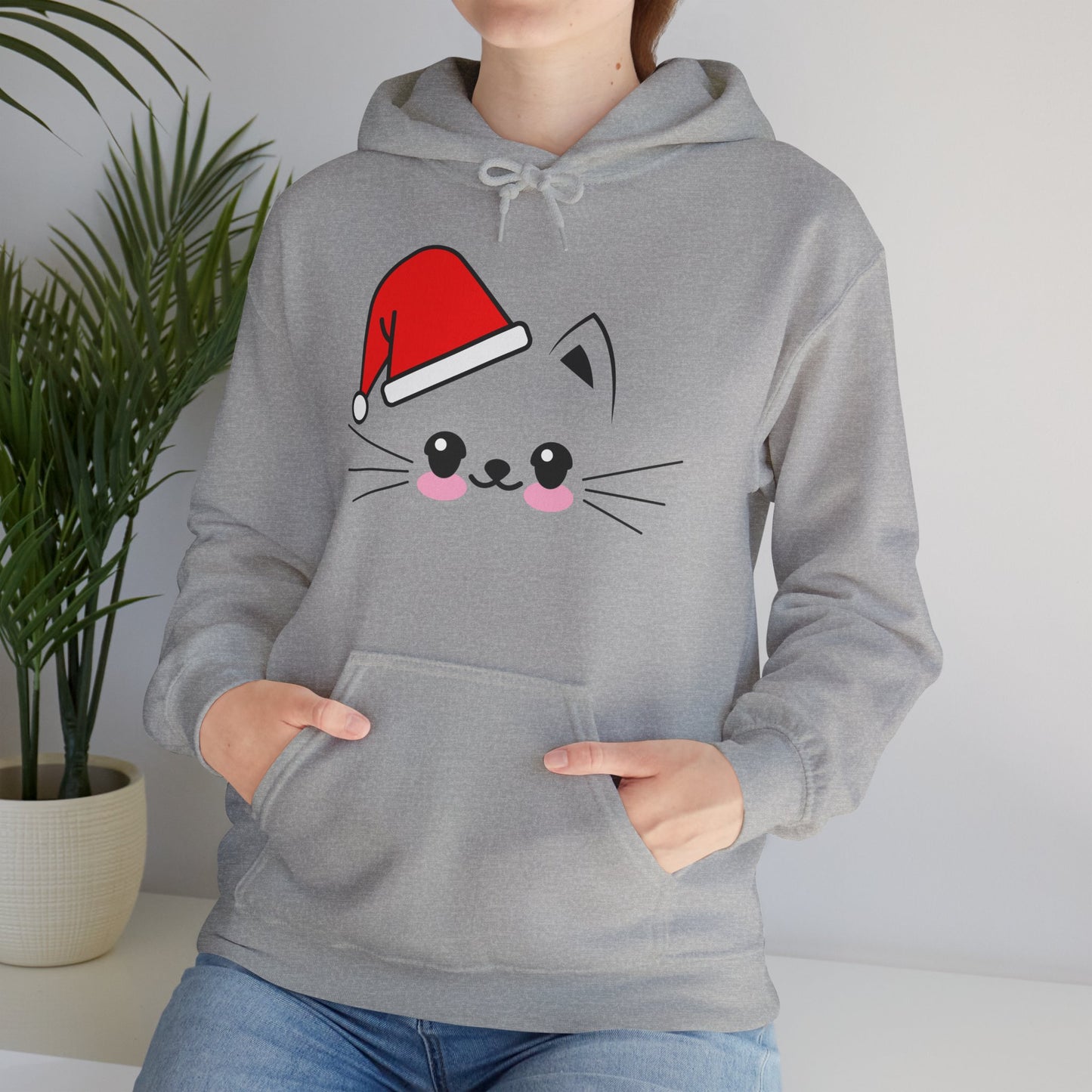 Cat Santa Christmas Hoodie – Cute Kawaii Cat Holiday Hooded Sweatshirt (Unisex)