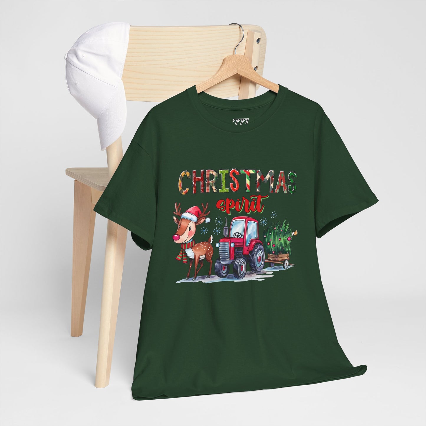 Christmas Spirit Unisex Heavy Cotton T-Shirt – Cute Reindeer & Red Tractor Holiday Tee