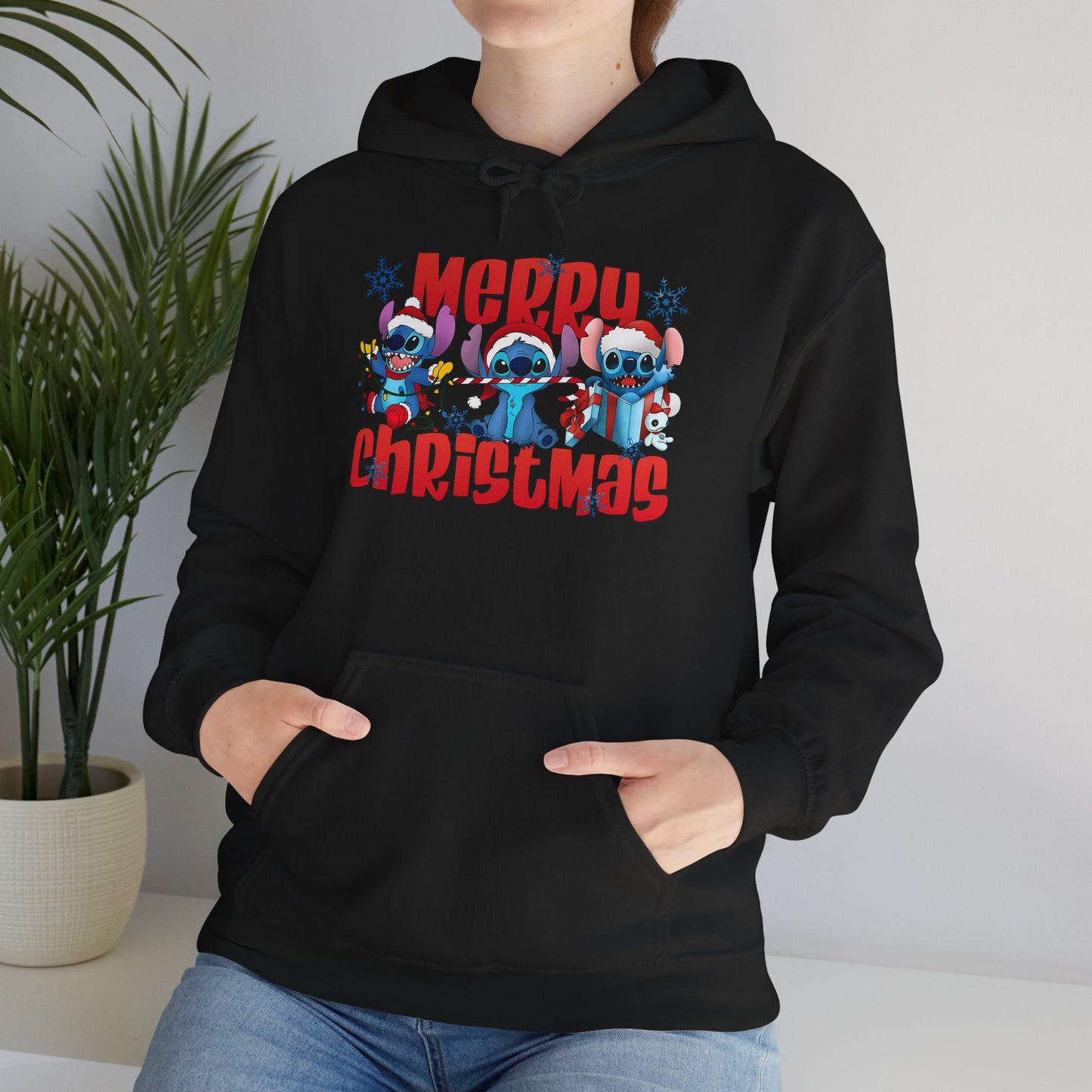 Merry Christmas Unisex Heavy Blend Hooded Sweatshirt – Cute Blue Holiday Characters Hoodie