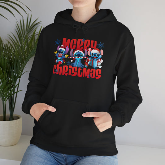 Merry Christmas Unisex Heavy Blend Hooded Sweatshirt – Cute Blue Holiday Characters Hoodie