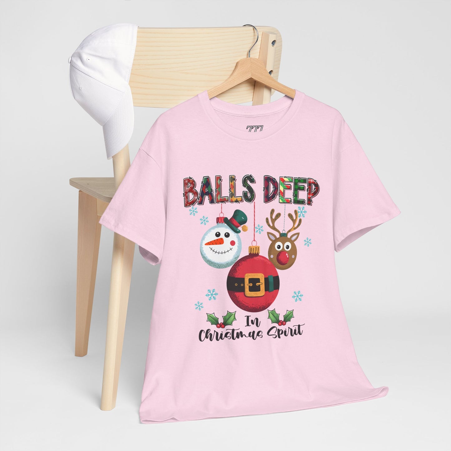 Balls Deep in Christmas Cheer Unisex Heavy Cotton T-Shirt – Funny Adult Holiday Snowman & Reindeer Tee